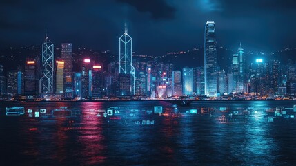 Obraz premium Overlaid digital icons and a vibrant city skyline at night, symbolizing SME innovation, connectivity, and global business development in the modern world.