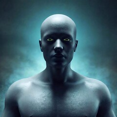 Fototapeta premium A high-resolution ultrarealistic image depicts a ghostly figure shrouded in dense mist. This digital artwork captures the humanoid form standing still, with its head slightly bowed, exuding an etherea