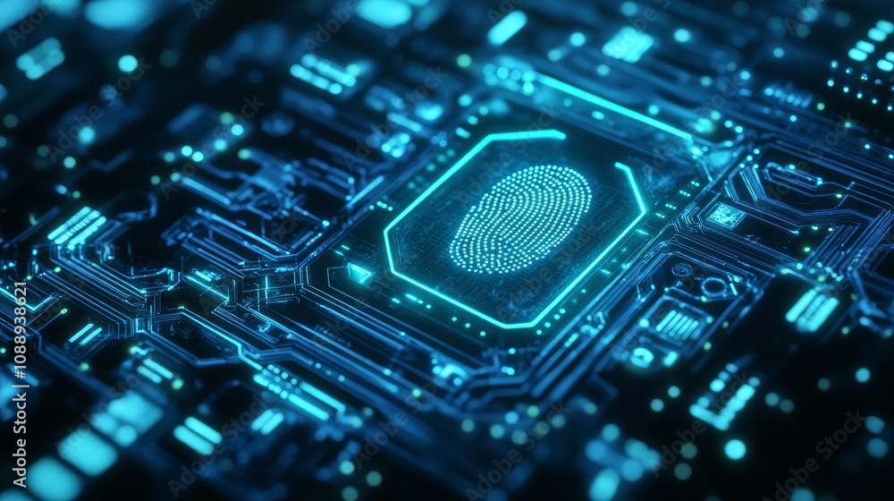 Poster glowing fingerprint on a circuit board, representing digital security and biometric technology.