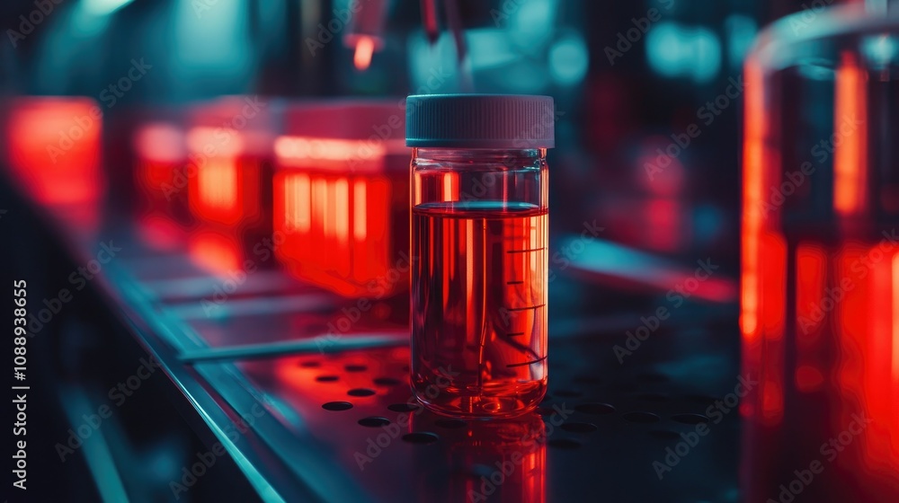 Poster red light illuminates a glass container and red bottle in a nanotechnology research lab, hinting at 
