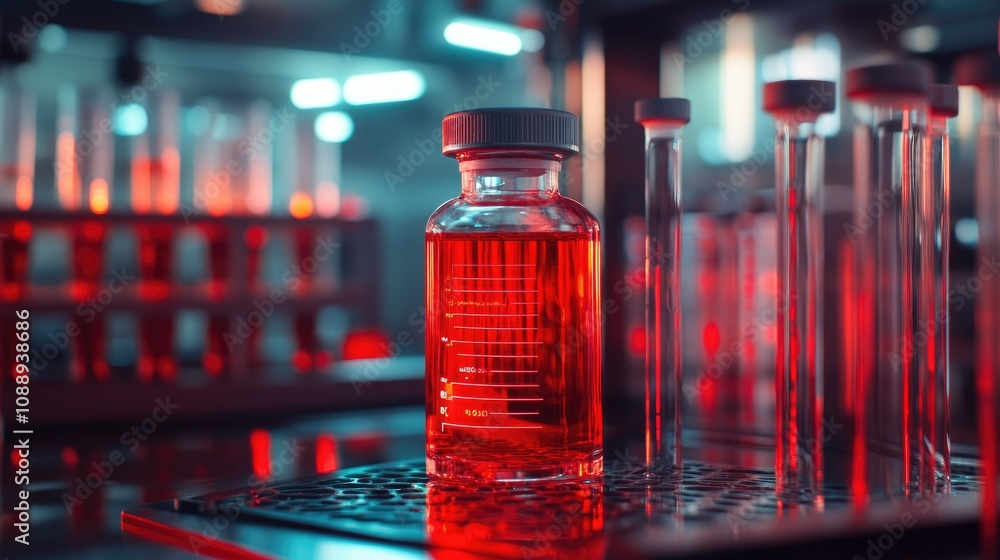 Poster red light illuminates a glass container and red bottle in a nanotechnology research lab, hinting at 