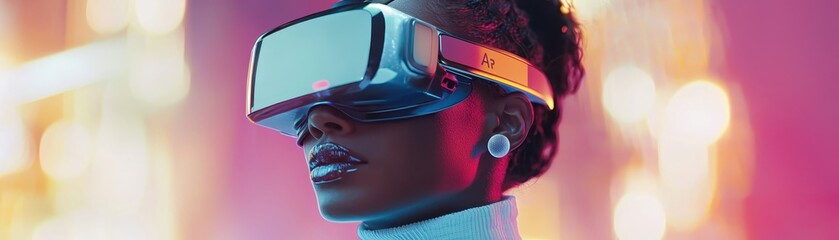 Fototapeta premium A woman wearing virtual reality goggles stands against a colorful, illuminated background, showcasing a futuristic and tech-inspired aesthetic.