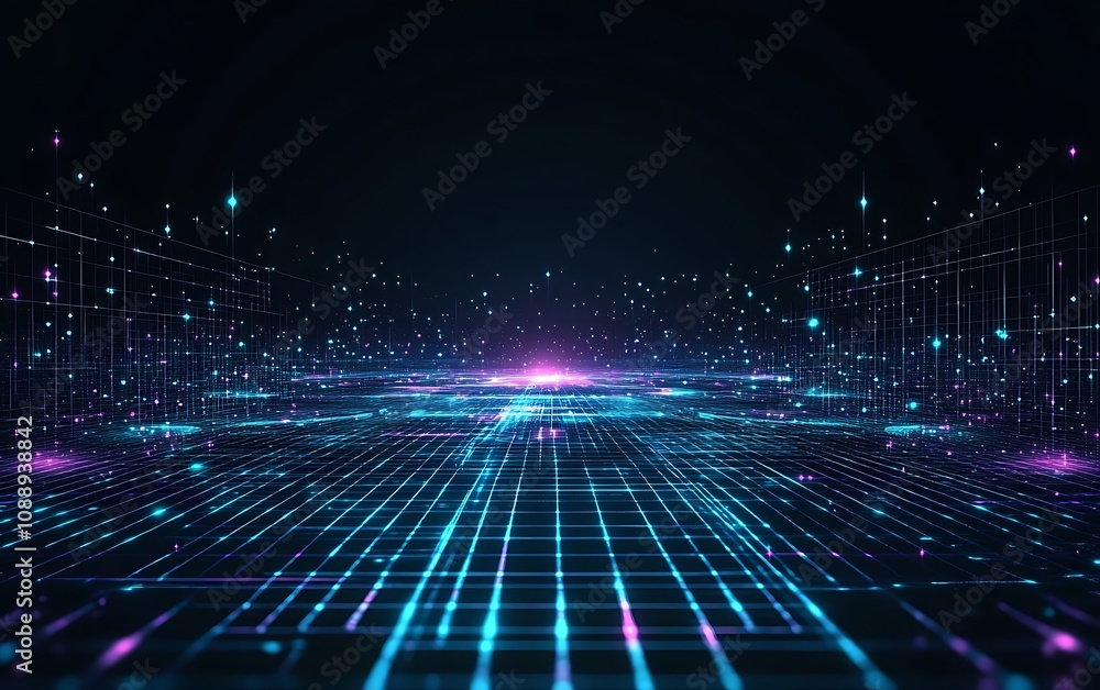 Poster Abstract digital grid landscape with glowing particles and lines.