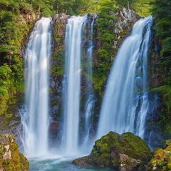 Fototapeta premium A high-resolution ultrarealistic image depicting a serene natural scene of a waterfall. This digital artwork captures two majestic waterfalls cascading down rocky cliffs covered in lush green moss. De