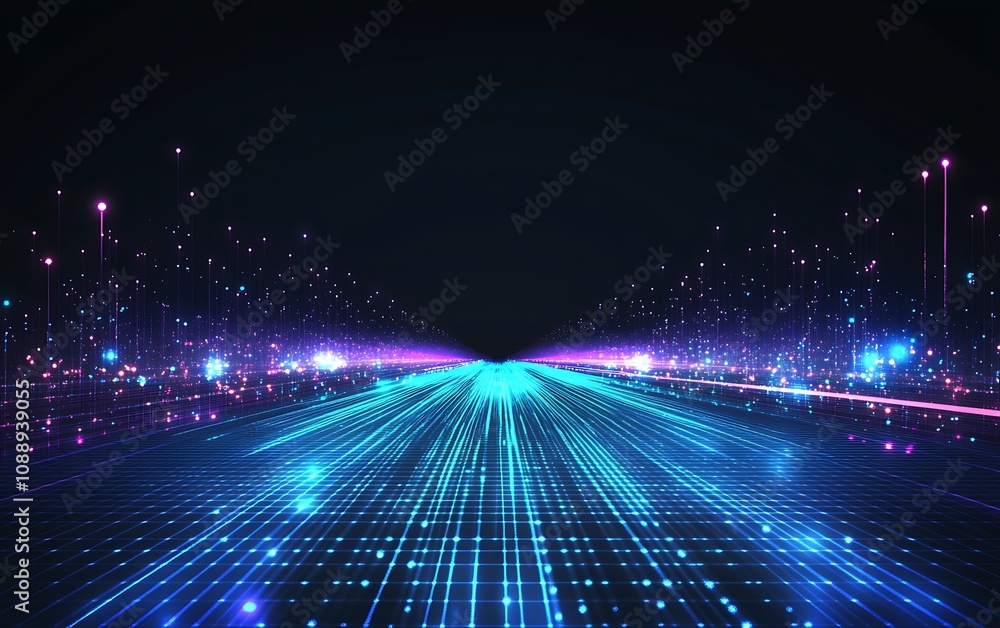 Poster Abstract glowing lines converge to a vanishing point, simulating futuristic highway or data stream.