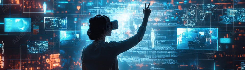 Poster a person wearing a vr headset interacts with a digital interface filled with data and visuals, immer