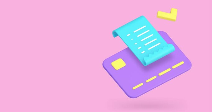 Credit debit card approved payment financial transaction with receipt invoice 3d icon animation. Shopping paying success e money transfer buying goods electronic currency checkout
