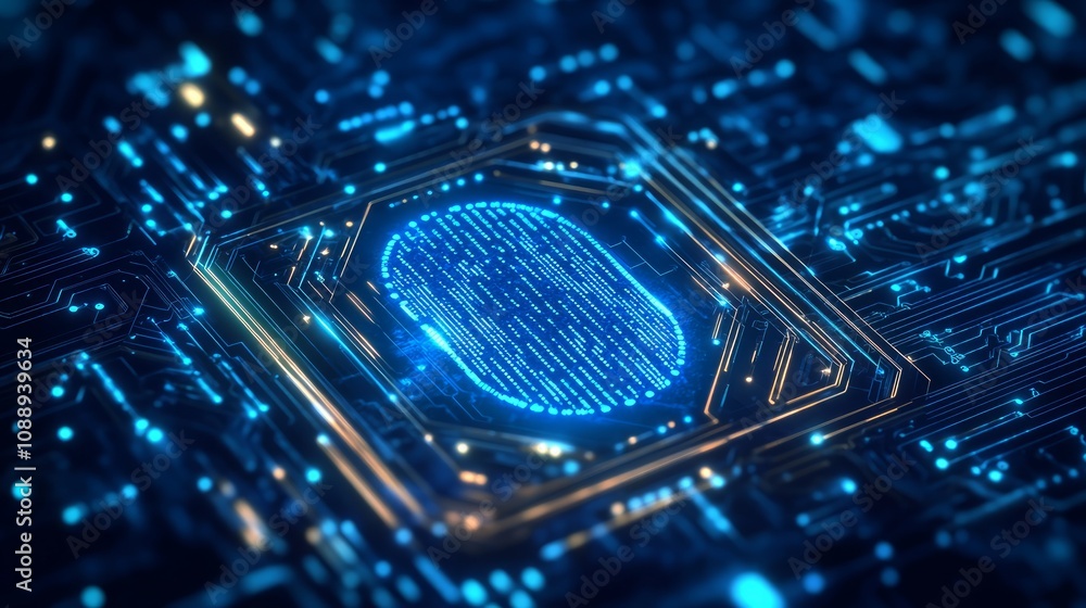 Poster glowing fingerprint on a circuit board, representing digital security and biometrics.