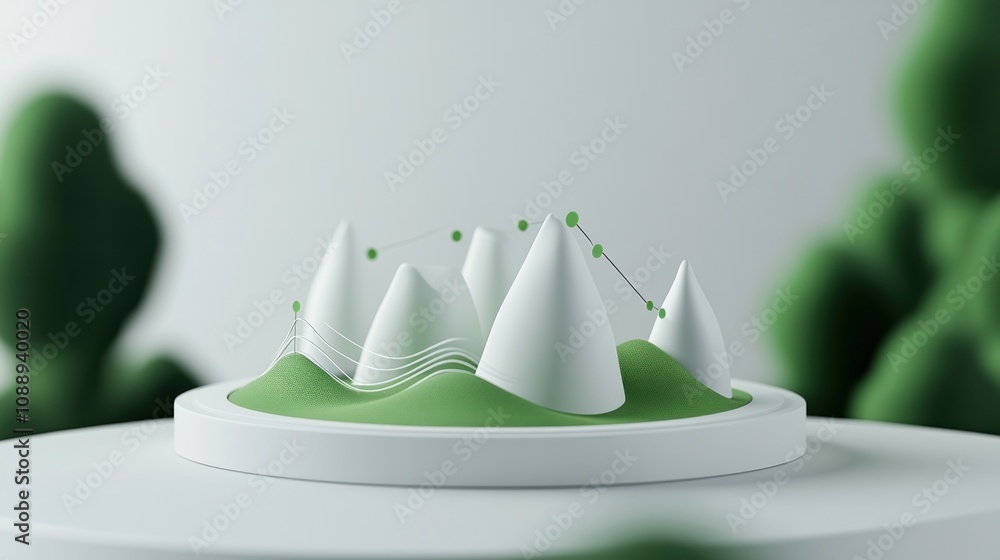 Poster a minimalist 3d representation of mountains and hills with a smooth, green landscape.