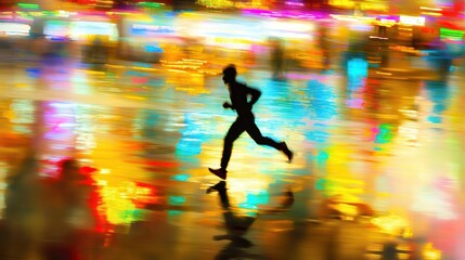 Silhouette of runner in vibrant, blurred city night.