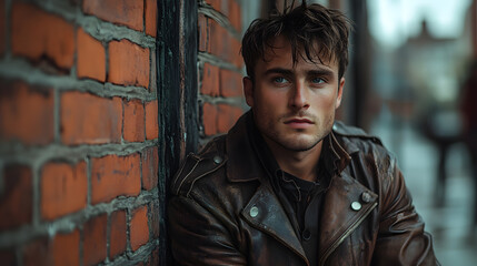 Fototapeta premium An expressive photography of a young man with rugged charm, dressed in a leather jacket, standing against a rustic brick wall, with a moody, cinematic atmosphere.