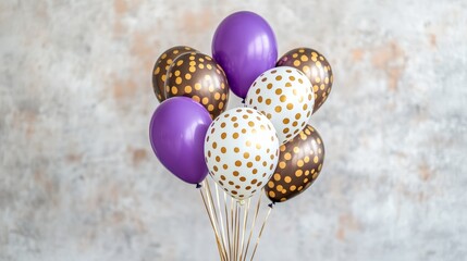 Purple and Bronze Balloons on a Grey Background, Perfect for Celebration Decorations.