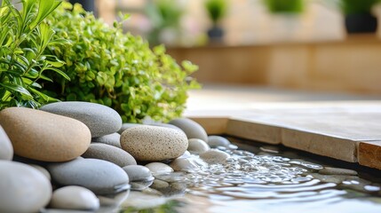 Wellness detox mental health. A serene scene featuring smooth stones beside a gentle water flow, surrounded by lush greenery in a tranquil outdoor setting.