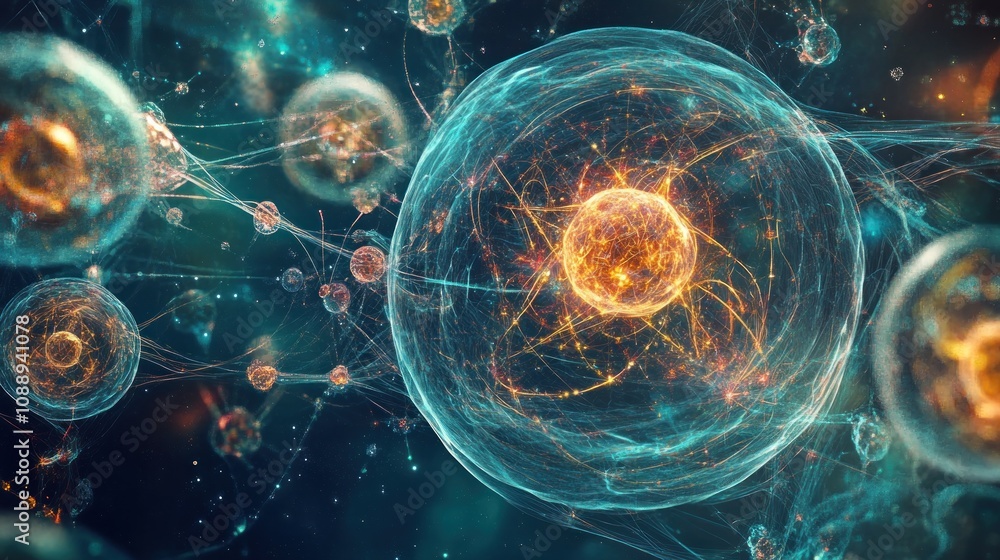 Poster an artistic representation of interconnected cells in a vibrant, abstract scientific setting.