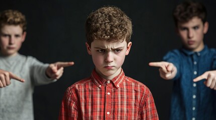 Young student overwhelmed by peers pointing in a dramatic classroom scene emotional portrait intense environment