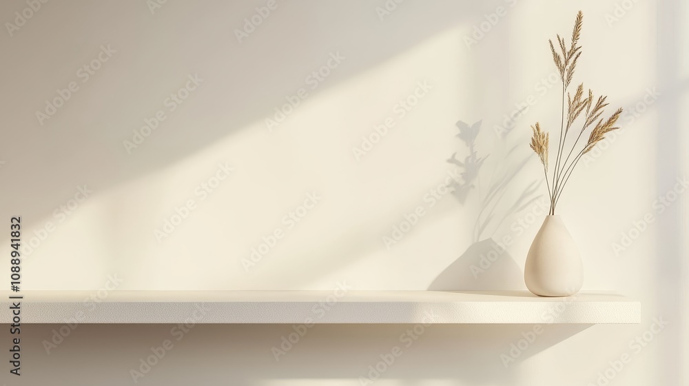 Poster a minimalist shelf displays a simple vase with dried flowers, casting soft shadows on a light-colore
