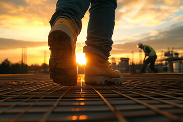 Photo of a construction worker's feet walking on a steel rebar grid at sunset, Generative AI