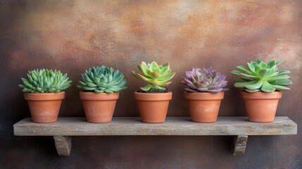 A Beautiful Arrangement of Colorful Succulents in Terracotta Pots on a Rustic Wooden Shelf Against a Warm-Graded Background