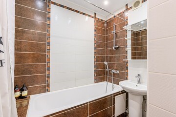 interior apartment room bathroom, sink, decorative elements, toilet. WC, sanitary unit, wash room