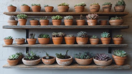 A Beautiful Display of Succulent Plants in Terracotta Pots on Wooden Shelves: An Aesthetic Arrangement for Home Décor and Interior Design Inspiration