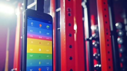 Smartphone fitness app interface displayed in gym.