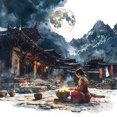 Tranquil Evening in the Himalayas Woman Meditating by a Sacred Fire.