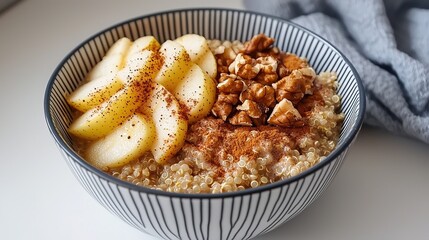 Warm quinoa porridge with cinnamon topping cozy kitchen food photography indoor setting culinary delight