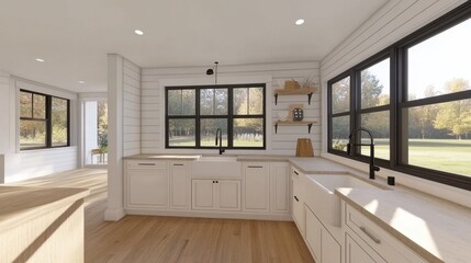 Fototapeta premium Modern Bright Kitchen with Large Windows and Natural Light, Featuring Minimalist Design, Stylish Fixtures, and Open Space Ideal for Cooking and Entertaining in Contemporary Home