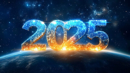 A 3D Illustration of 2025 Shining Brightly Above the Horizon of Earth, Set Against a Starry Night Sky, Embracing the New Year with Hope and Innovation