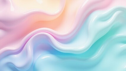 Fototapeta premium smooth glossy abstract background featuring flowing pastel colors including shades of pink peach lavender light blue and mint green, fluid or liquid-like texture with curves reflecting soft light.