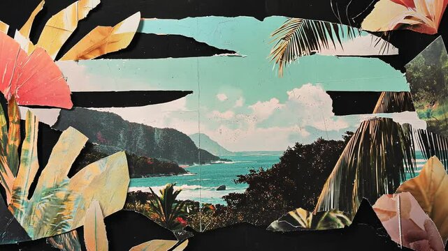 Tropical Beach Landscape Illustration with Umbrella and Palm Trees under the Summer Sky