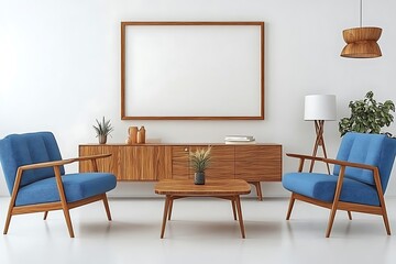 White Apartment Lounge with Blue Chairs and Wood Cabinet