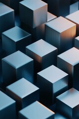 3D render of cubes arranged in a dark blue background. Abstract futuristic technology concept.