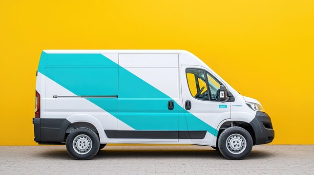Fleet van vehicle wrap mockup urban setting graphic design modern environment side view branding concept
