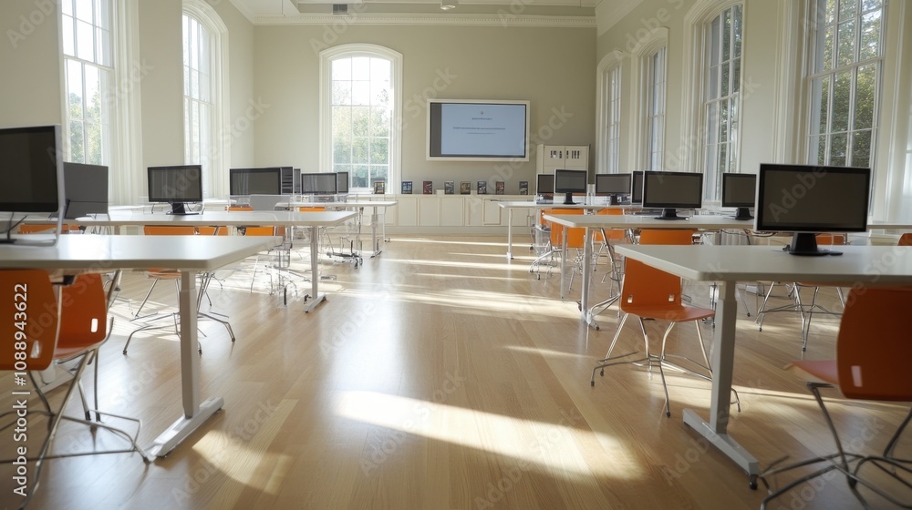 Poster modern classroom with bright natural light and multiple computer stations on white tables for educat