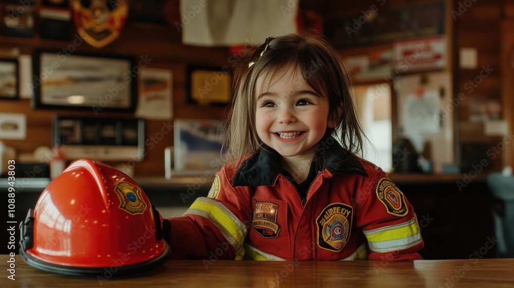 Poster a smiling child in a firefighter outfit with a helmet, showcasing joy and aspiration.