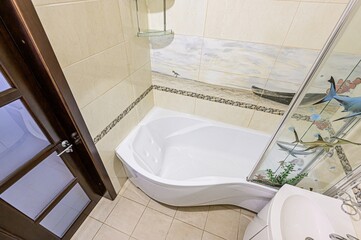 interior apartment room bathroom, sink, decorative elements, toilet. WC, sanitary unit, wash room