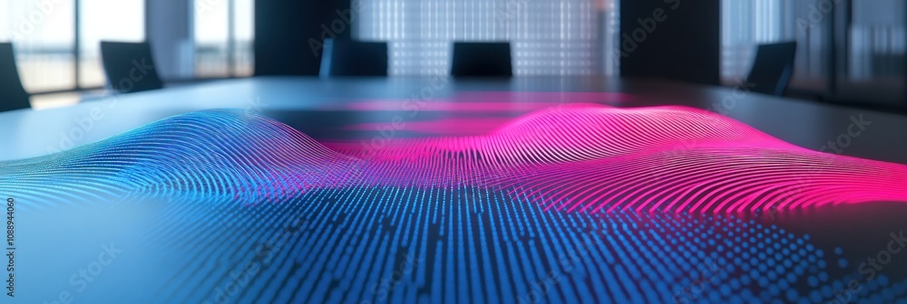 Aufkleber A digital visualization on a conference table representing data or technology concepts.