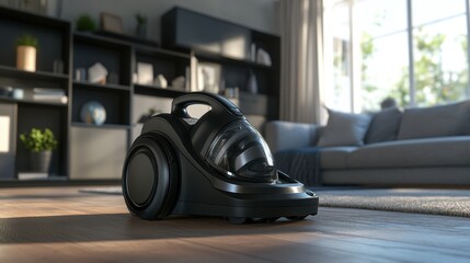 Fototapeta premium Modern and Stylish Vacuum Cleaner Placed on Wooden Floor in Bright Living Room with Soft Natural Light Streaming Through Large Windows