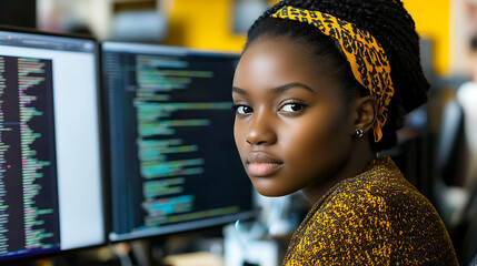 A woman in smart casual attire focusing on debugging code on her workstation 