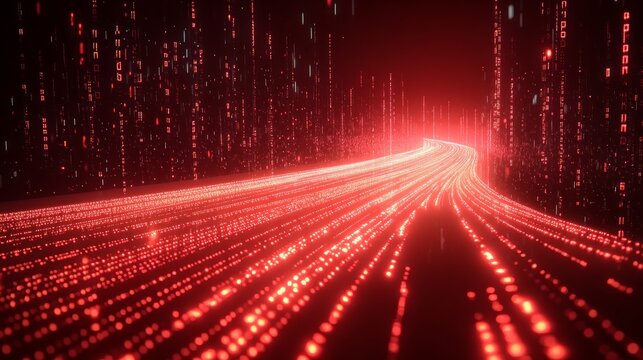 Glowing red digital road curving into the distance, surrounded by data streams.
