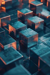 3D render of cubes arranged in a dark blue background. Abstract futuristic technology concept.