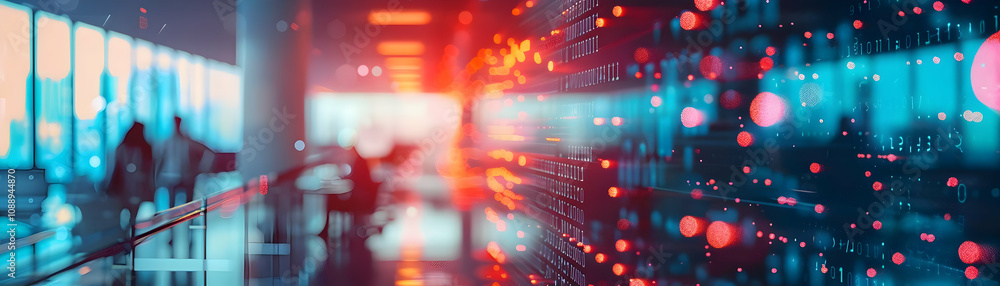 Poster abstract background: data streams flow through modern office space, illuminated by red and blue ligh