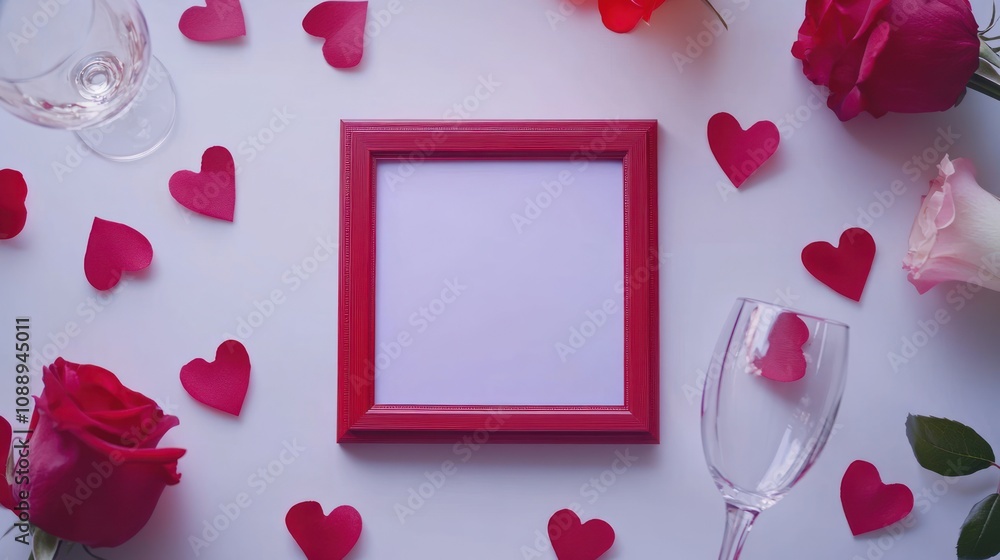 Poster A romantic setup featuring a blank frame surrounded by roses and heart-shaped decorations.