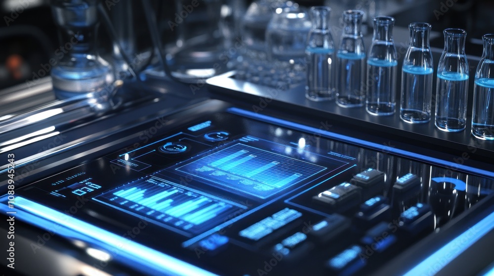 Aufkleber a futuristic laboratory interface with digital controls and glass vials.