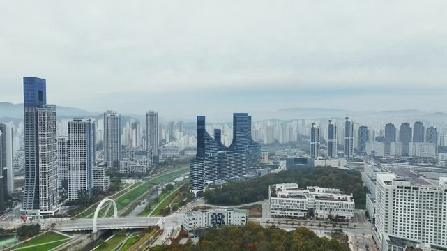 Drone View of Sejong City in South Korea, Park, Autumn, 60fps