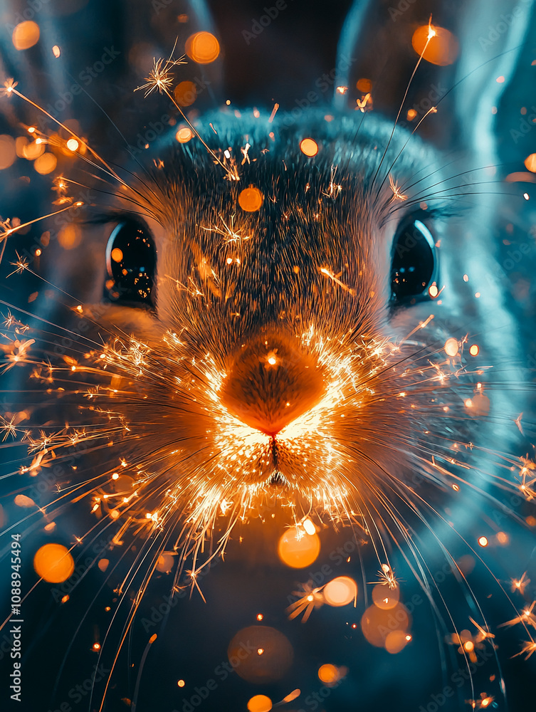 Poster close-up view of a rabbit's face illuminated by bright sparks during a nighttime celebration