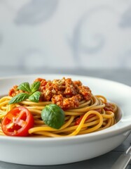 Delicious spaghetti with tomato sauce and basil garnished with a tomato slice, ready to enjoy