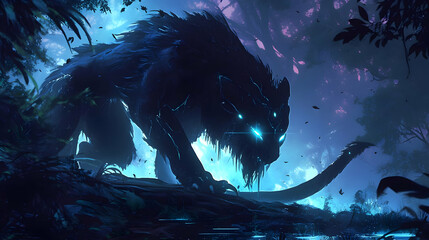 The Shadow Wolf Stalks the Night Forest with Glowing Eyes