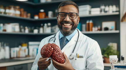 Smiling male doctor in lab coat holding anatomical brain model in medical office with shelves in background, wearing glasses and stethoscope around neck